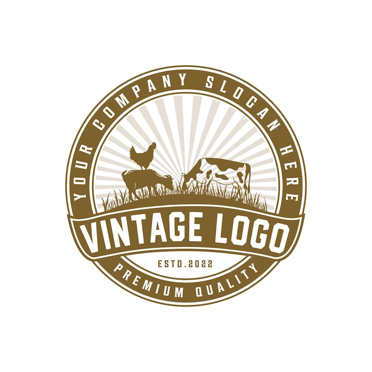 Vector logotipo de placa vintage retro con ganado vacuno, pollo y cabra con plantilla vintage