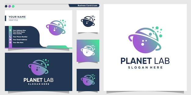 Logotipo de planeta con estilo de laboratorio degradado y diseño de tarjeta de visita Vector Premium