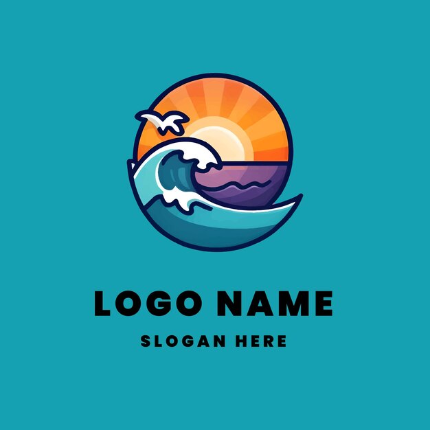 logotipo plano de las olas del océano y el amanecer