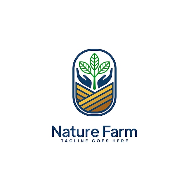 Logotipo plano de tierras de cultivo, concepto de manos sosteniendo plantas.