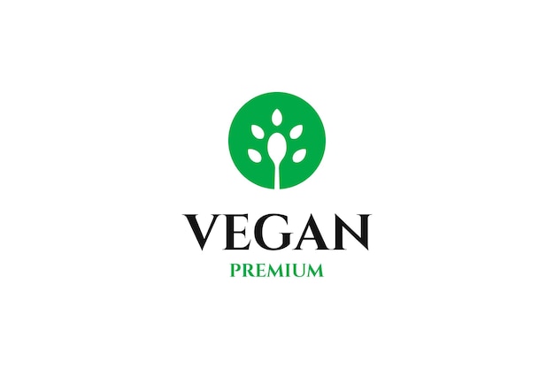 Logotipo plano para vegano con idea de ilustración de diseño de cuchara y hoja