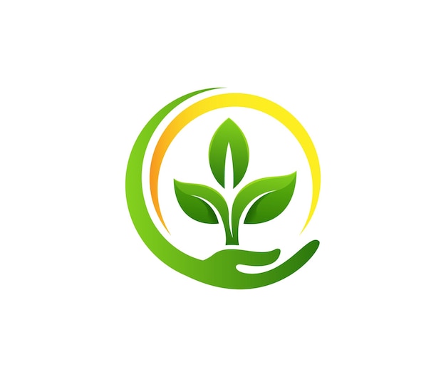 Logotipo de planta verde con una mano y un círculo.