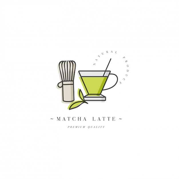 Logotipo de la plantilla de colores o emblema - café matcha latte. Icono de comida Etiqueta de moda estilo lineal sobre fondo blanco.