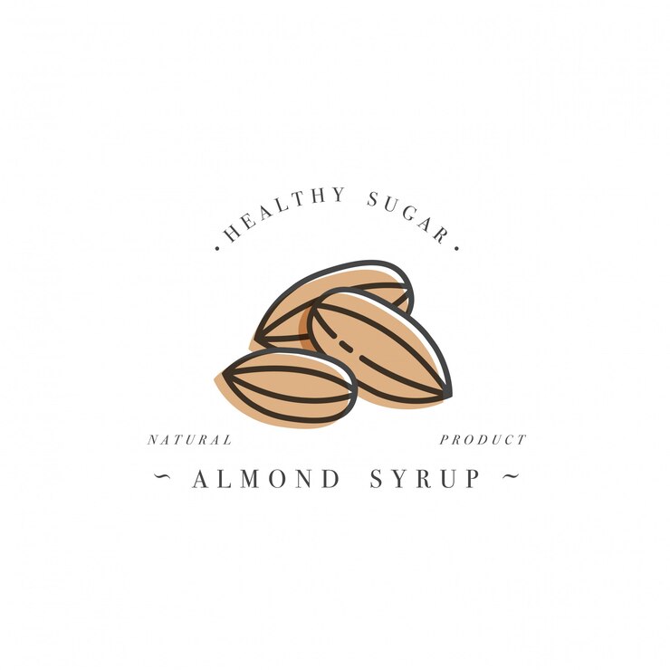 Logotipo de la plantilla de diseño de envases y emblema - jarabe y cobertura - almendra. Logotipo en estilo lineal de moda.