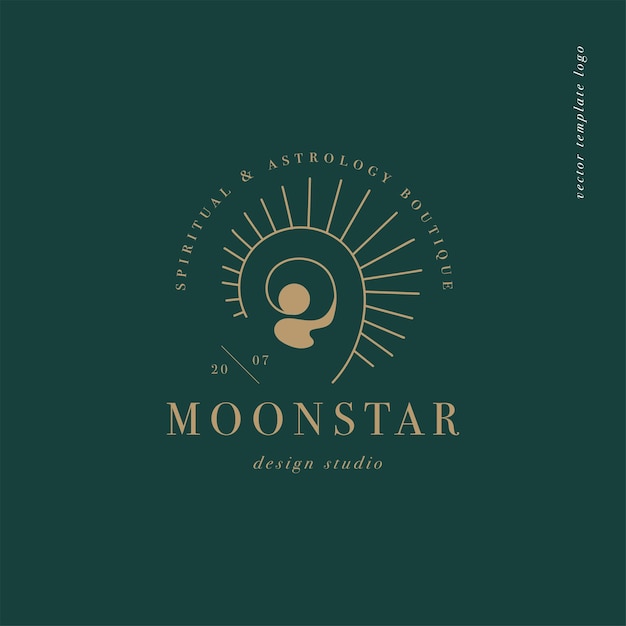 Logotipo de plantilla lineal de diseño vectorial o emblema - estilo misterio boho. Símbolo abstracto para boutique espiritual y astrología.