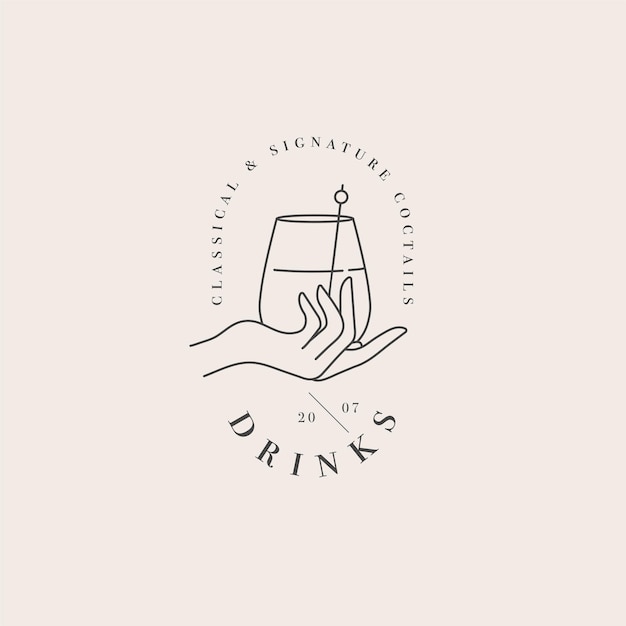 Logotipo de plantilla lineal de diseño vectorial o mano de emblema con vaso de bebida Símbolo abstracto para cafetería o bar