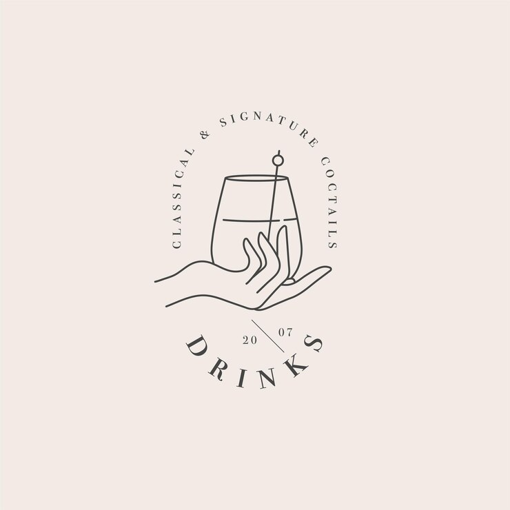 Logotipo de plantilla lineal de diseño vectorial o mano de emblema con vaso de bebida Símbolo abstracto para cafetería o bar
