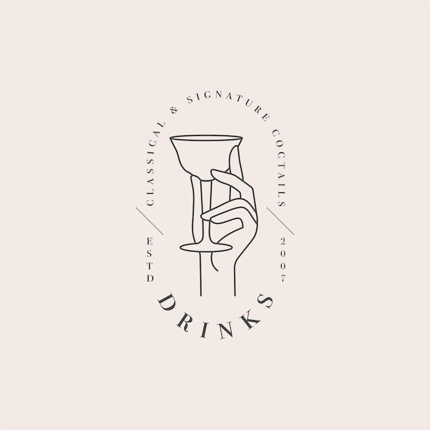 Logotipo de plantilla lineal de diseño vectorial o mano de emblema con vaso de bebida Símbolo abstracto para cafetería o bar
