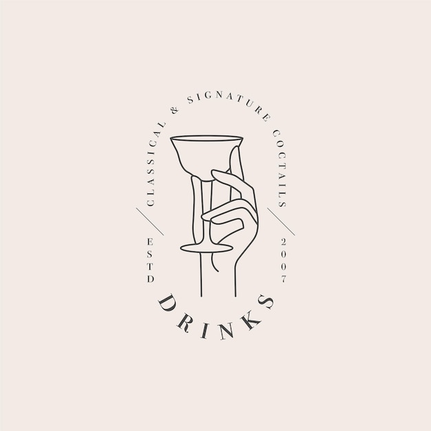 Logotipo de plantilla lineal de diseño vectorial o mano de emblema con vaso de bebida símbolo abstracto para cafetería o bar