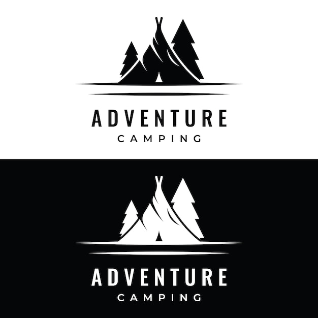 Logotipo de plantilla de tienda de campaña o camping al aire libre vintage y retro con árboles de tienda y letrero de fogata Camping para aventureros exploradores escaladores