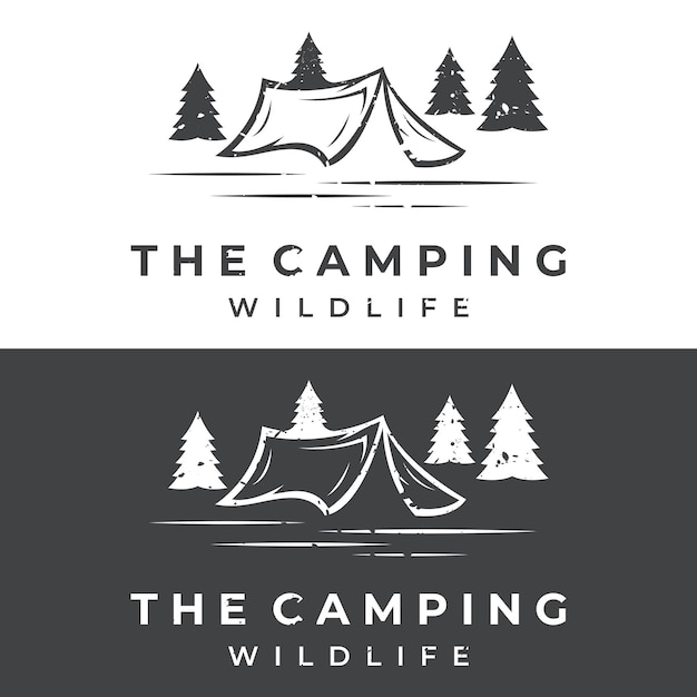 Logotipo de plantilla de tienda de campaña o camping al aire libre vintage y retro con árboles de tienda y letrero de fogata Camping para aventureros exploradores escaladores