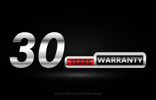 Logotipo plateado de garantía de 30 años aislado en fondo negro, diseño vectorial para la garantía del producto.