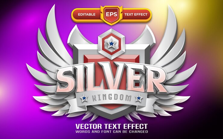 Vector logotipo plateado del juego 3d con efecto de texto editable
