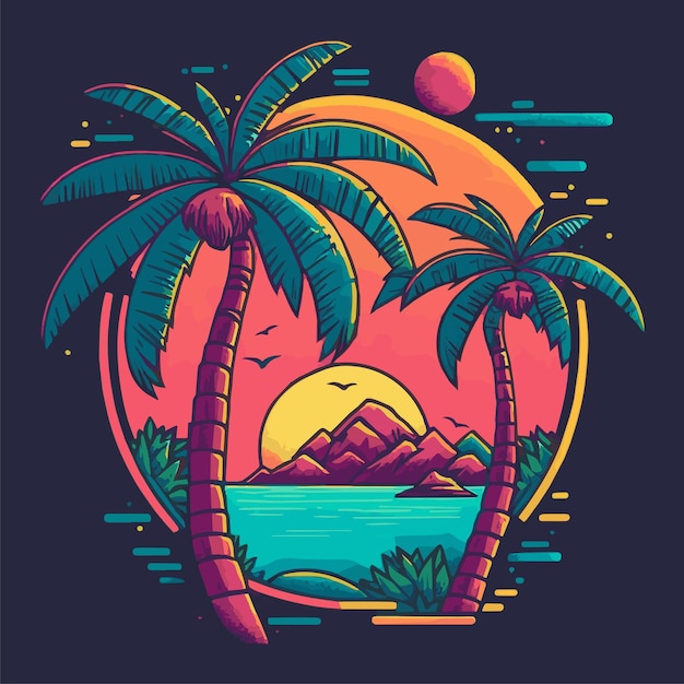 Logotipo de playa de isla tropical Ilustración de insignia de surf vintage