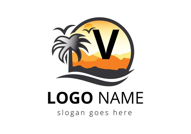 Logotipo de la playa en la letra V Signo vectorial del atardecer Logotipo de viaje de verano Logotipo de la playa Mar del atardecer Logotipo de diseño Vector