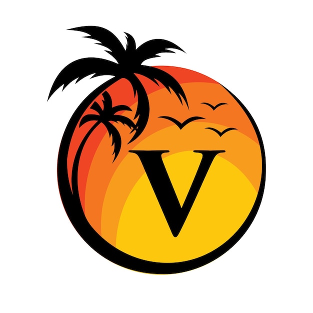 Logotipo de playa en la letra V Signo vectorial Vacaciones de verano en la playa tropical con logotipo V Puesta de sol Logotipo de viaje de verano Plantilla vectorial de diseño de logotipo de puesta de sol en la playa