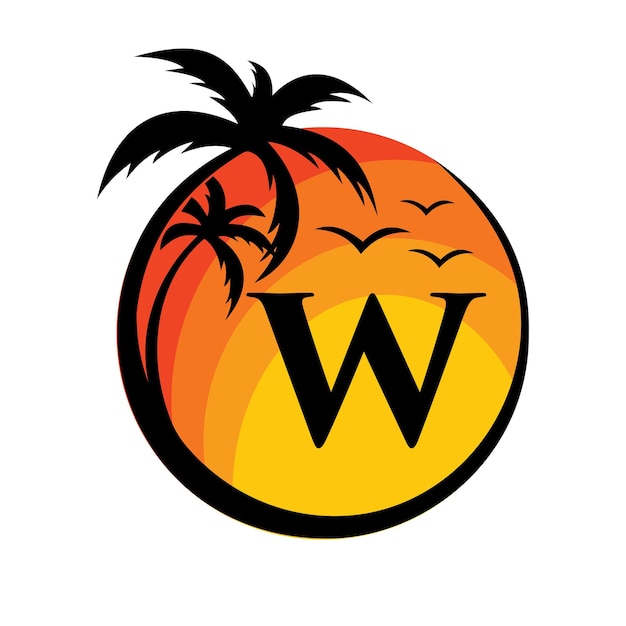 Logotipo de playa en la letra W Signo vectorial Vacaciones de verano en la playa tropical con logotipo W Puesta de sol Logotipo de viaje de verano Plantilla vectorial de diseño de logotipo de puesta de sol en la playa