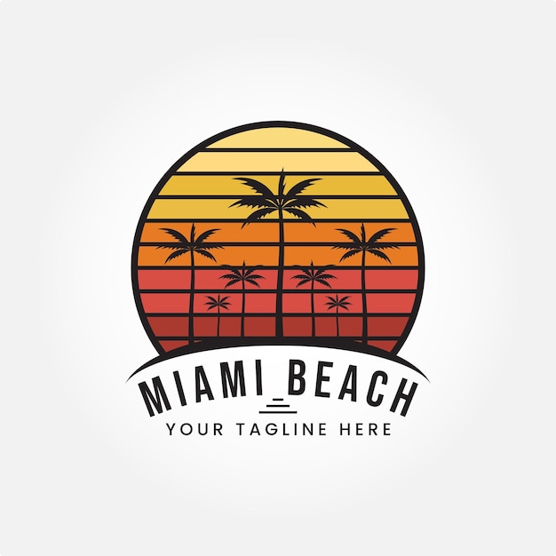 logotipo de la playa de miami silueta de palmeras fondo sol y mar ilustración vectorial