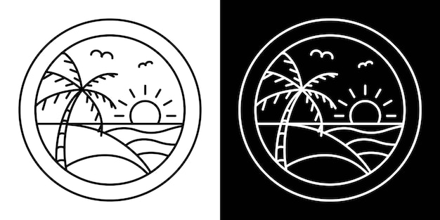 Vector logotipo de playa simple con líneas disponibles en blanco y negro cocotero mar sol