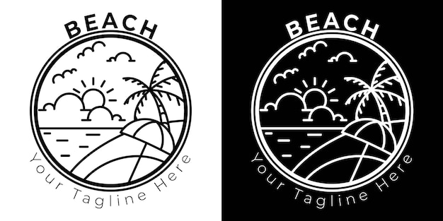 Logotipo de playa simple con líneas disponibles en blanco y negro cocotero mar sol