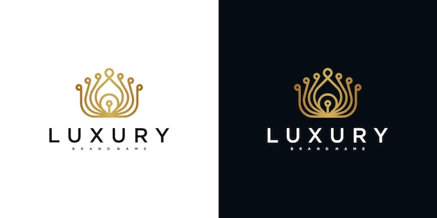 Logotipo de pluma de pavo real dorado estilo de arte de línea de lujo Vector Premium