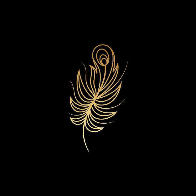 Logotipo de pluma de pavo real dorado con estilo de diseño de arte de línea de lujo