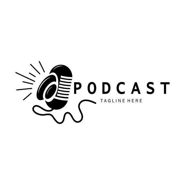 logotipo de podcast con micrófono y auricular ondas de radio de audio para el estudio de programas de entrevistas información de chat