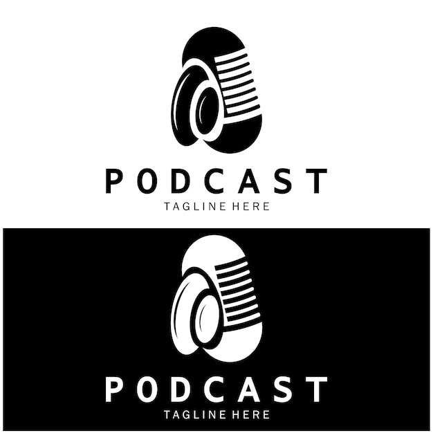 logotipo de podcast con micrófono y auricular ondas de radio de audio para el estudio de programas de entrevistas información de chat