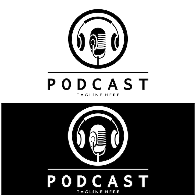 Vector logotipo de podcast con micrófono y auricular ondas de radio de audio para el estudio de programas de entrevistas información de chat