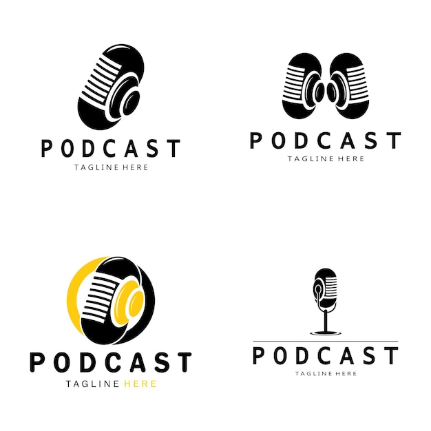 logotipo de podcast con micrófono y auriculares ondas de radio de audio para programas de entrevistas en estudio intercambio de información de chat entrevista multimedia y web