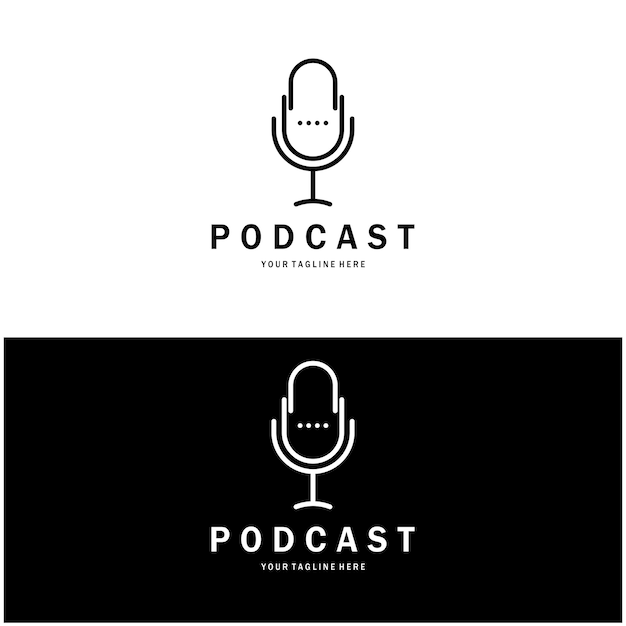 logotipo de podcast con ondas de radio de audio de micrófono y auriculares para información de chat de programas de entrevistas en estudio