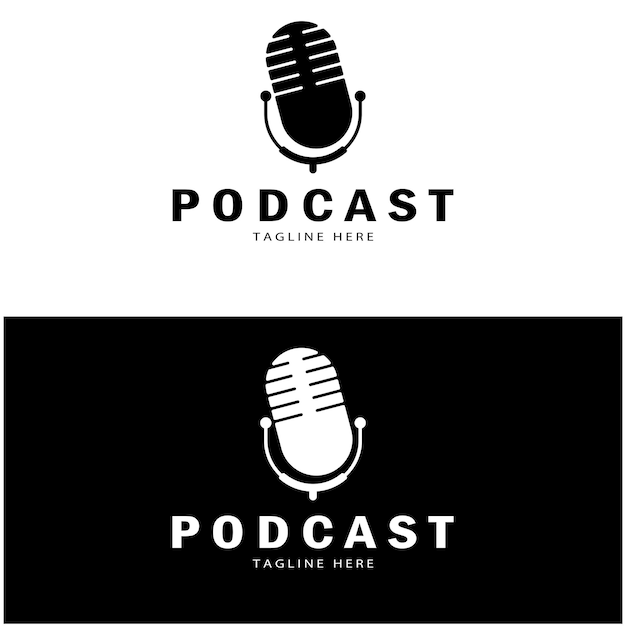 logotipo de podcast con ondas de radio de audio de micrófono y auriculares para vector de chat de programa de entrevistas de estudio