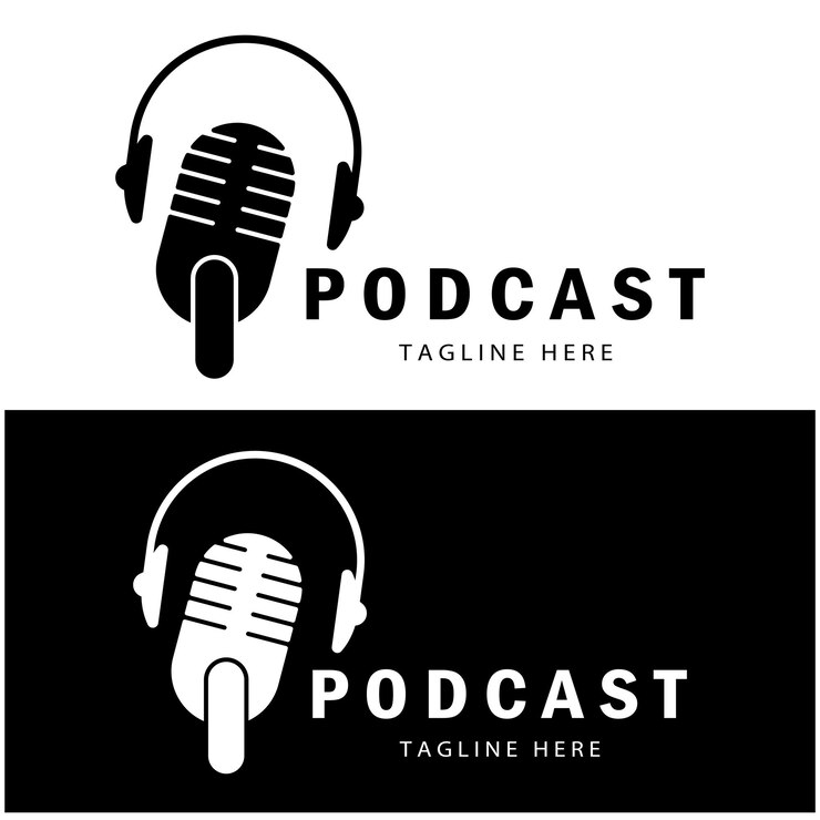 Vector logotipo de podcast con ondas de radio de audio de micrófono y auriculares para vector de chat de programa de entrevistas de estudio