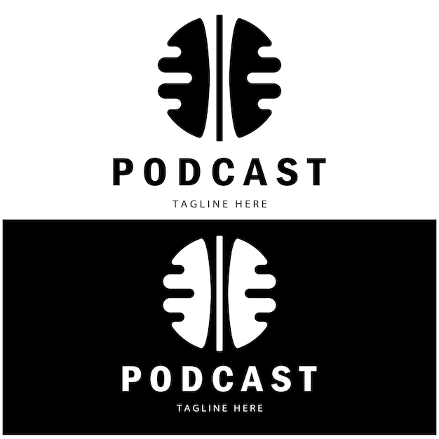 logotipo de podcast con ondas de radio de audio de micrófono y auriculares para vector de chat de programa de entrevistas de estudio