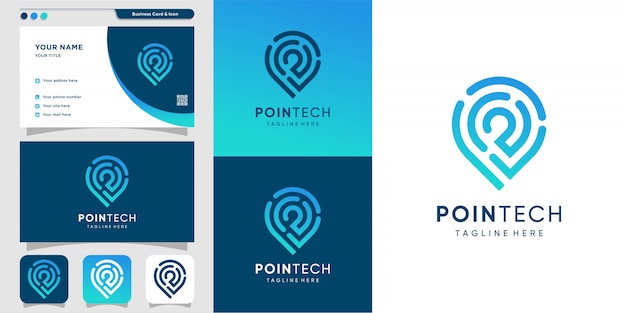 Logotipo de pointech con estilo de arte lineal y plantilla de diseño de tarjeta de visita, moderna, tecnología, computadora, icono,