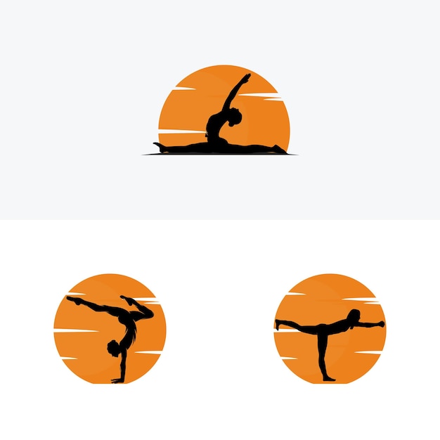 Logotipo de pose de yoga en silueta de contorno al atardecer. ilustración vectorial