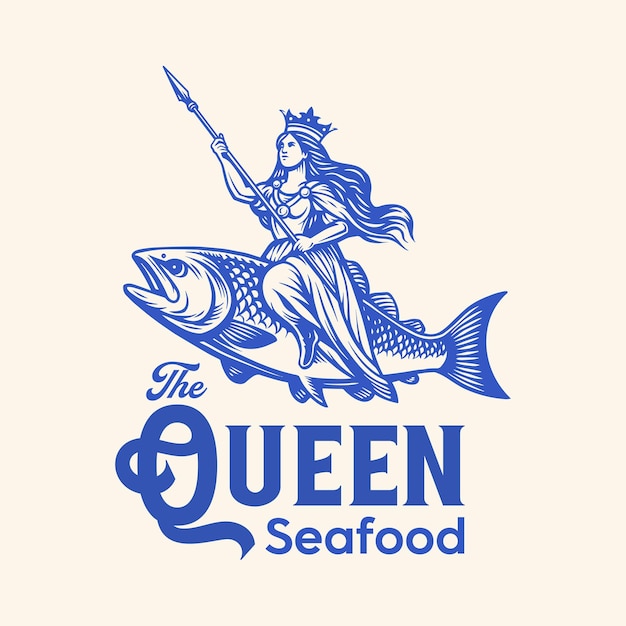 Vector logotipo premium de un restaurante de mariscos frescos con salmón e ilustración de la reina