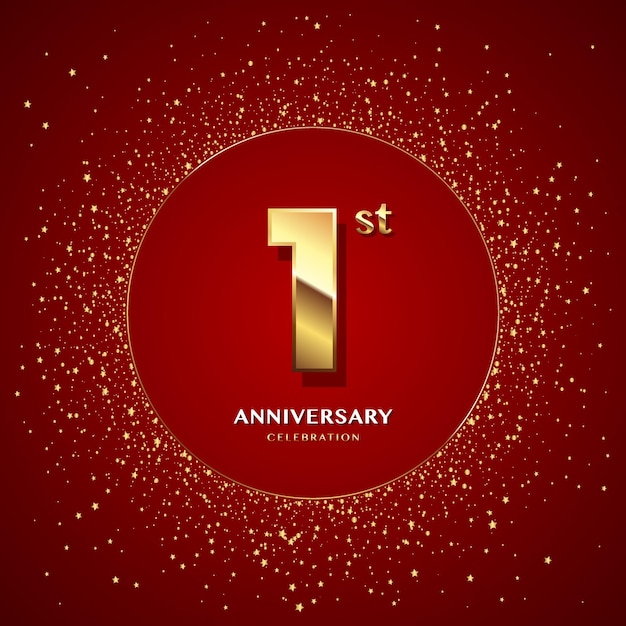 Logotipo del primer aniversario con números dorados y purpurina aislado en un fondo rojo