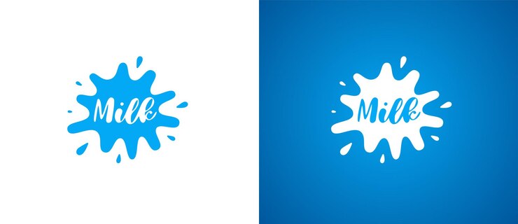Logotipo de productos lácteos de vaca. Diseño de logotipo de identidad de marca láctica natural fresca. Muestra de salpicaduras de productos lácteos para la marca de la empresa ilustraciones vectoriales eps