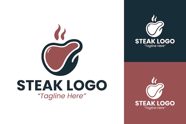 Logotipo profesional de filete en rojo, azul y blanco para su restaurante y negocio de alimentos