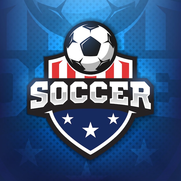 Vector logotipo profesional de fútbol en estilo plano, balón de fútbol y escudo con estrellas. juegos de deporte.