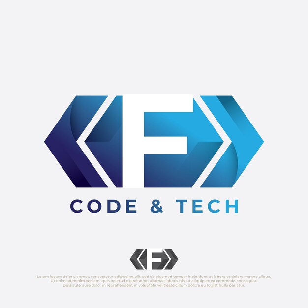 Logotipo del programador con icono de código de diseño de letra F en estilo moderno y plano aislado en fondo blanco