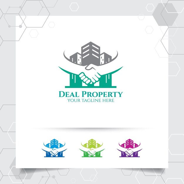 Logotipo de la propiedad con el concepto del apretón de manos del trato en el icono del apartamento para el negocio inmobiliario