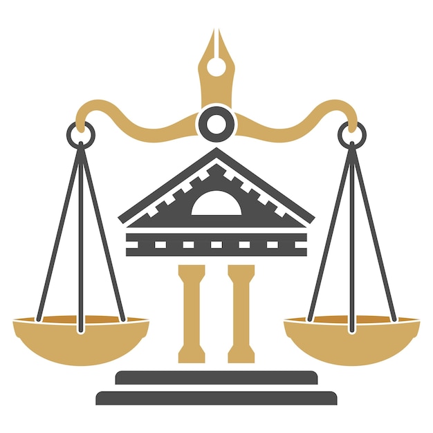 Vector logotipo de protección de concepto de ley y orden con escalas de juzgado de justicia e iconos planos de pluma para el logotipo de publicidad del sitio web del cartel ilustración vectorial aislada