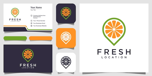 Logotipo de punto de jugo de naranja, vector de logotipo de comida y restaurante de ubicación de jugo y tarjeta de visita