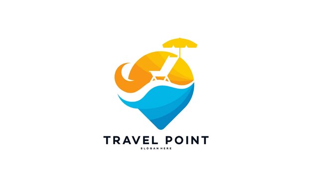 Logotipo de punto de viaje con símbolo de palmeras, vector de concepto de diseños de logotipo de playa