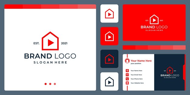 Logotipo que combina formas de casas y video abstracto y botón de reproducción. Cartas de negocios.