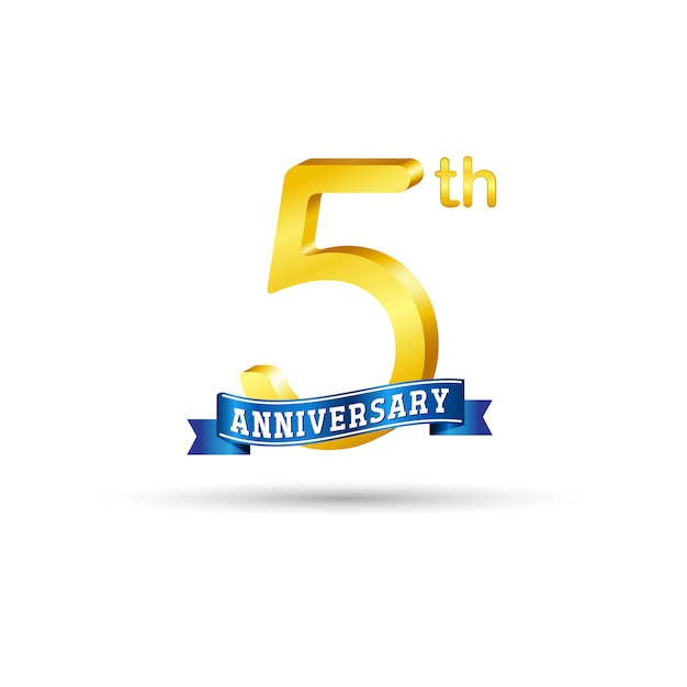 Logotipo del quinto aniversario de oro con cinta azul aislado sobre fondo blanco. Logotipo de oro del quinto aniversario 3d