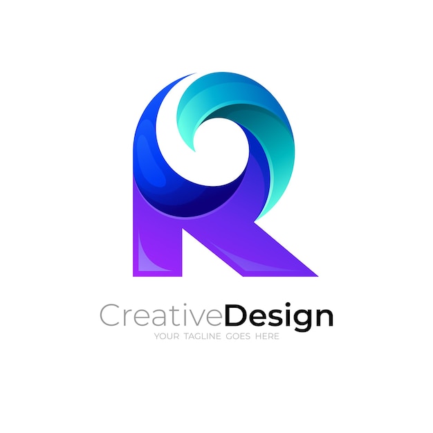 Logotipo de R abstracto y combinación de diseño de onda, estilo 3d