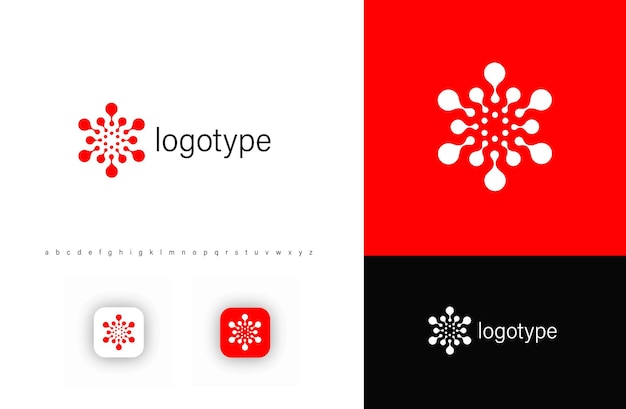 El logotipo radial redondo abstracto con puntos, estructuras moleculares o células virales representa la innovación biológica.